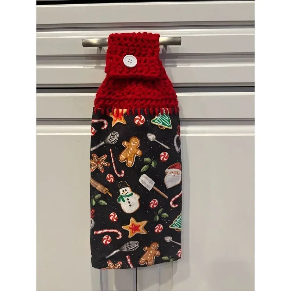 Crochet Top Kitchen Towel-Black Towel (Xmas stuff)